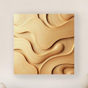 Puede incluir: Una obra de arte cuadrada de madera abstracta con un diseño fluido en forma de olas. La obra presenta un color marrón claro cálido y una superficie texturizada, creando una sensación de profundidad y movimiento. Está montada en una pared blanca sobre una consola de madera.