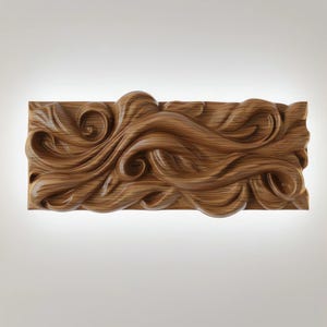 May include: A wooden wall art piece with a swirling, carved design, mounted on a white wall. Two gold-colored, vertical light fixtures flank the artwork, each with a bright, vertical light strip.