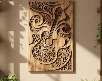 3d guitar panel for wall decor, svg file for laser cutting, musical multi-layered mandala