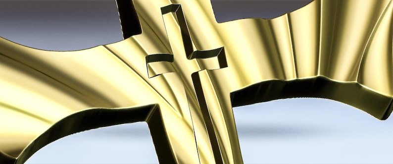 May include: A gold-colored metal cross with a three-dimensional design. The cross is made of a smooth, shiny metal and has a slightly curved shape.
