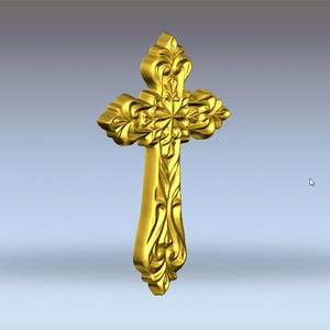 May include: A gold-coloured cross with ornate floral detailing. The cross has a traditional shape with a vertical bar and a horizontal bar, and the design features intricate carvings throughout.