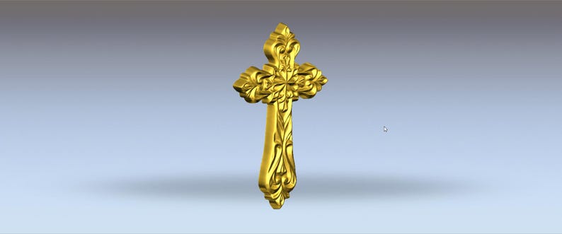 May include: A gold-coloured cross with ornate floral detailing. The cross has a traditional shape with a vertical bar and a horizontal bar, and the design features intricate carvings throughout.
