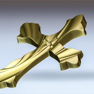 May include: A gold-colored, ornate cross with a swirling design. The cross is made of metal and has a three-dimensional appearance.