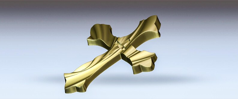 May include: A gold-colored, ornate cross with a swirling design. The cross is made of metal and has a three-dimensional appearance.