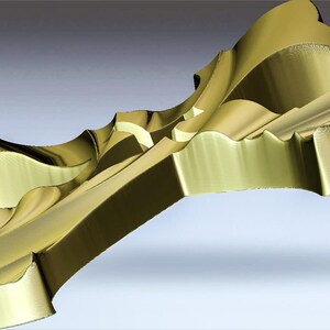 May include: A gold-colored metal sculpture with a unique, abstract design. The sculpture is made of multiple pieces that are joined together to create a complex and intricate shape.