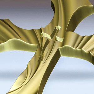 May include: A gold-colored cross with a unique, flowing design. The cross is made of a smooth, shiny material and has a three-dimensional appearance.