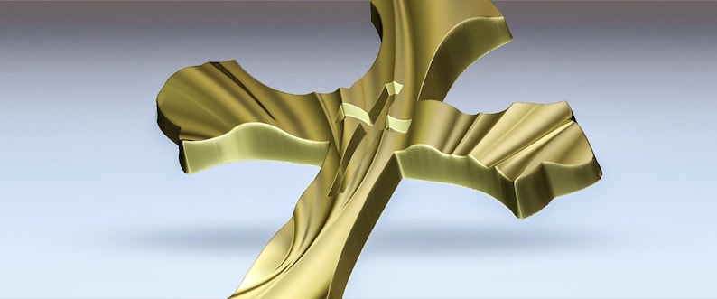 May include: A gold-colored cross with a unique, flowing design. The cross is made of a smooth, shiny material and has a three-dimensional appearance.