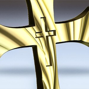 May include: A gold-colored cross with a stylized design. The cross has a slightly curved shape and a textured surface.