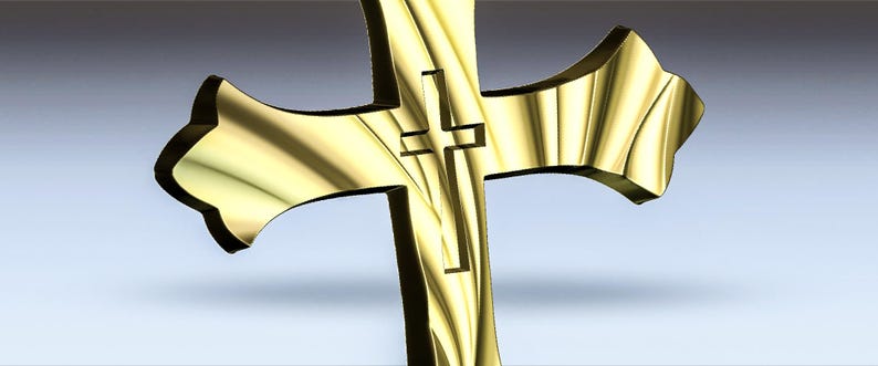 May include: A gold-colored cross with a stylized design. The cross has a slightly curved shape and a textured surface.