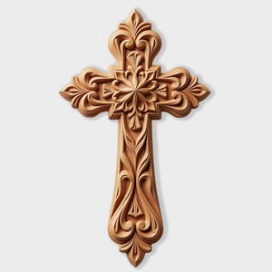 May include: A detailed wooden cross with intricate floral and scroll carvings. The cross is a warm, natural wood tone and features a central floral design and ornate edges, ideal for wall decor.