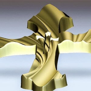 May include: A gold-colored cross with a textured, wavy surface. The cross is a three-dimensional object with a slightly curved shape.