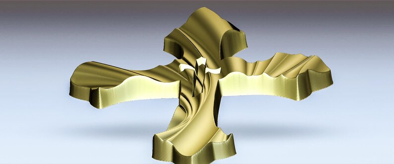 May include: A gold-colored cross with a textured, wavy surface. The cross is a three-dimensional object with a slightly curved shape.