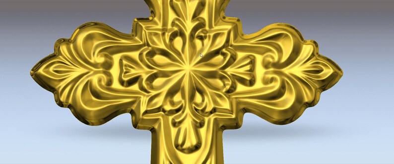 May include: A gold-coloured cross featuring intricate floral and scrollwork patterns. The cross has a polished, reflective surface and a three-dimensional design. The symmetrical design includes a central floral element and curved edges.