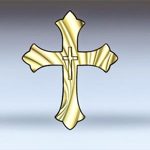May include: A gold-colored cross with a swirl pattern. The cross has a smaller cross in the center.