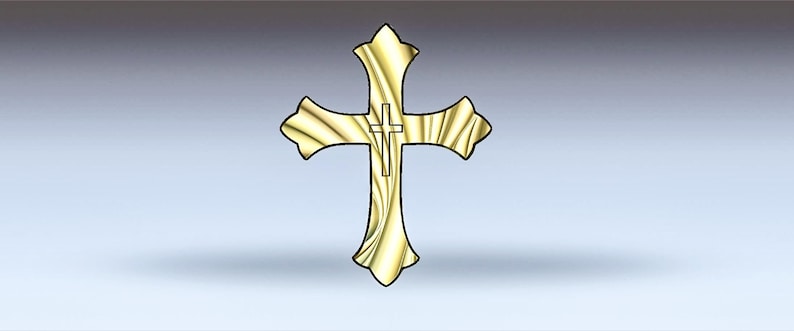 May include: A gold-colored cross with a swirl pattern. The cross has a smaller cross in the center.