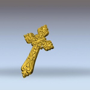 May include: A gold-coloured cross with elaborate floral detailing. The cross has a three-dimensional appearance against a gradient blue background. The design features intricate patterns and curves.