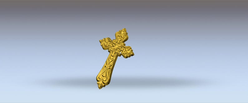 May include: A gold-coloured cross with elaborate floral detailing. The cross has a three-dimensional appearance against a gradient blue background. The design features intricate patterns and curves.