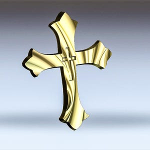 May include: A gold-colored cross with a simple design. The cross is three-dimensional and has a slightly textured surface.