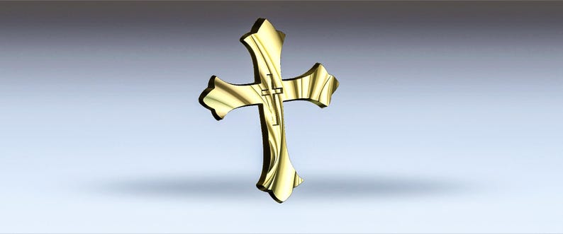 May include: A gold-colored cross with a simple design. The cross is three-dimensional and has a slightly textured surface.