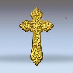 May include: A gold-coloured cross with ornate floral detailing. The cross features a traditional Christian design with a long vertical bar and a shorter horizontal bar. The surface is highly reflective, suggesting a polished finish.