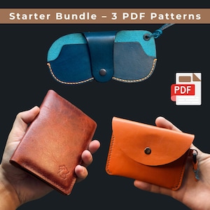 May include: The image displays a starter bundle of 3 PDF patterns. It features a blue and teal leather glasses case, a brown leather wallet, and an orange leather cardholder. The text "Starter Bundle - 3 PDF Patterns" is at the top.