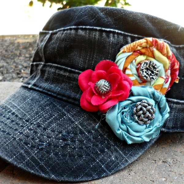 Pretty Posh Black Denim Distressed Military Cadet Hat with Pink, Blue, and Mint Flowers