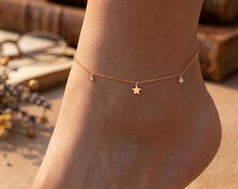 CZ Star Anklet · 925 Sterling Silver Gold Plated · Dainty Minimalist Celestial Foot Chain · Gift for Her