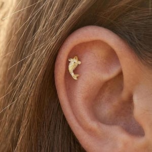 May include: A gold-colored, fish-shaped earring with small, clear gemstones. The earring is set in a person's ear, with the fish facing downward. The earring is a small, delicate piece of jewelry.