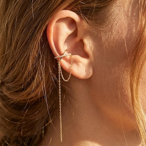 Sterling Silver Paved CZ Cross Chain Ear Cuff • Dainty Minimalist Drop Earring • Valentine's Day Gift • Birthday Gift for Girlfriend