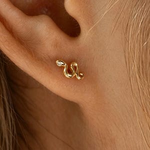 May include: A gold-toned snake-shaped stud earring featuring a small, clear, round-cut gemstone set into the head of the snake. The earring is positioned on the earlobe, showcasing a polished, reflective metal surface and a curved, serpentine design.