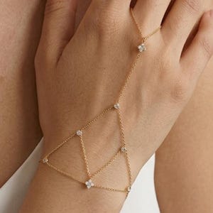 CZ Clover Multi-Strand Hand Chain Bracelet · 925 Sterling Silver Gold Plated · Dainty Finger Chain Harness ·  Gift for Her