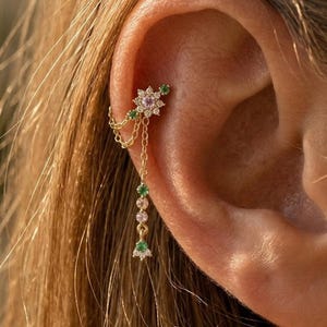 Sterling Silver Rainbow CZ Ear Chain Extension with Charm •  Gift for Her • Delicate Jewelry for Birthday, Anniversary & Bridesmaids