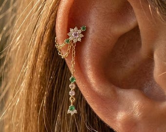 Sterling Silver Rainbow CZ Ear Chain Extension with Charm •  Gift for Her • Delicate Jewelry for Birthday, Anniversary & Bridesmaids