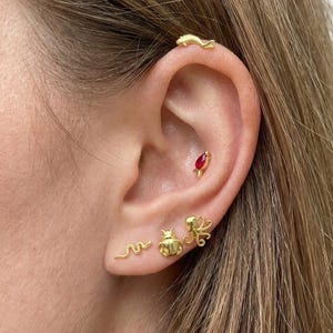 May include: A collection of gold-colored earrings, including a fish, a snake, a beetle, and an octopus. One earring features a red gemstone. The earrings are displayed on an ear.