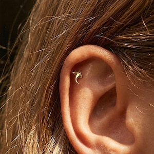 Puede incluir: Un piercing dorado con forma de pájaro o ala estilizada. La joya es pequeña y delicada, colocada sobre la piel de una oreja. El piercing es un pendiente hélix, un tipo de joya para la oreja.