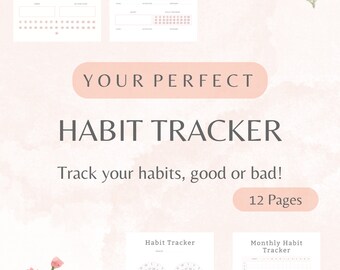 May include: A printable habit tracker with 12 pages. The pages feature different layouts for tracking habits, including daily, weekly, and monthly trackers. The pages are decorated with pink watercolor flowers.