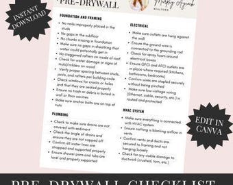 May include: A printable checklist for pre-drywall inspections. The checklist is divided into sections for foundation and framing, plumbing, electrical, HVAC, and a note to edit in Canva. The checklist includes items such as checking for gaps in the subfloor, ensuring outlets are hung against the wall, and confirming vents and ducts are secured to framing.