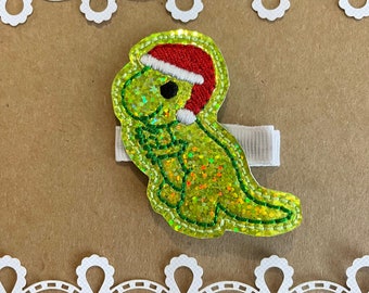 Christmas Glitter Dino Embroidered Hair Clippie