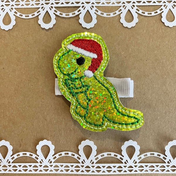 Christmas Glitter Dino Embroidered Hair Clippie