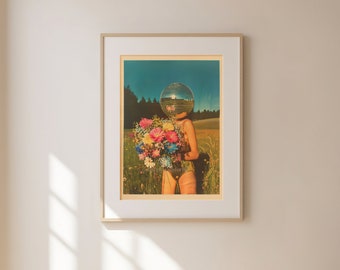 Arte de parede de cabeça de discoteca, arte de parede de impressões digitais, arte de parede maximalista, arte surreal colorida, impressões de arte digital, download digital de impressões digitais
