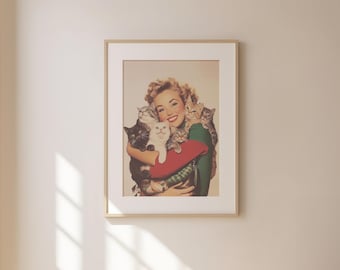 Impressão de arte de Cat Lady, impressões digitais atrevidas, arte de parede, arte de parede maximalista, arte colorida e engraçada, impressões de arte digital, download digital retrô