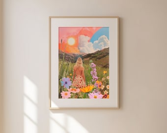 Paisagem de colagem surreal, impressões digitais de arte de parede, arte de parede maximalista, arte surreal colorida, impressões de arte digital, download digital de arte de parede
