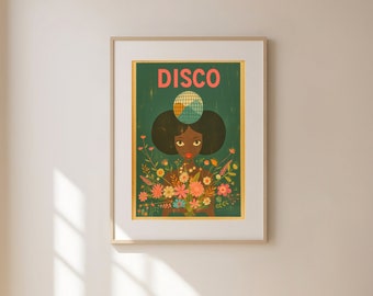 Ilustração Disco Lady, impressões digitais arte de parede, arte maximalista de parede, arte surreal colorida, impressões de arte digital, download digital de arte de parede