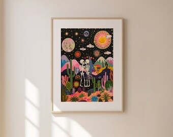 Arte de parede de esqueletos beijando, arte de parede de impressões digitais, arte de parede maximalista, arte surreal colorida, impressões de arte digital, arte de parede de impressões digitais