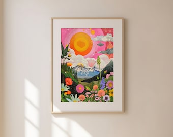 Paisagem de colagem surreal, impressões digitais de arte de parede, arte de parede maximalista, arte surreal colorida, impressões de arte digital, download digital de arte de parede