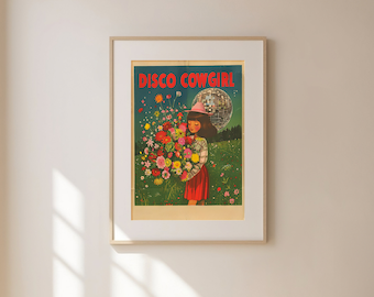 Arte de parede de Cowgirl disco, arte de parede de impressões digitais, arte de parede maximalista, arte surreal colorida, impressões de arte digital, ilustração de impressões digitais