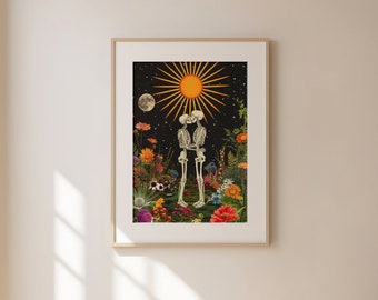 Arte de parede de esqueletos beijando, arte de parede de impressões digitais, arte de parede maximalista, arte surreal colorida, impressões de arte digital, arte de parede de impressões digitais