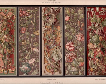 Original 1894 Chromolithograph Floral and Fruit Panels by A Erdmann - Dekorative Vorbilder Plate 48