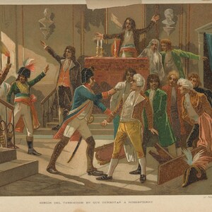 May include: A historical color illustration depicting the Thermidorian Reaction, showing a group of men in 18th-century attire in a room. One man in a blue coat confronts another in a brown coat. The text at the bottom reads: SESION DEL THERMIDOR EN QUE DERROTAN A ROBESPIERRE.
