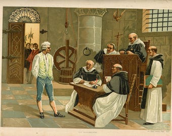 Lithographie Originale XIXe Siècle La Inquisición par Felipe González Rojas